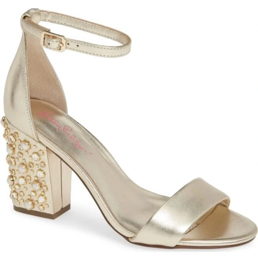 Lilly Pulitzer Amber Lynn Gold Embellished Sandal Block Heel Size 10 - Picture 1 of 13